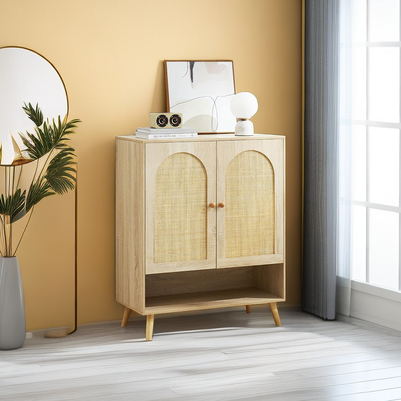 2 Doors 4-Tiers Free Standing Shoe Rack Storage Cabinet with Natural Rattan