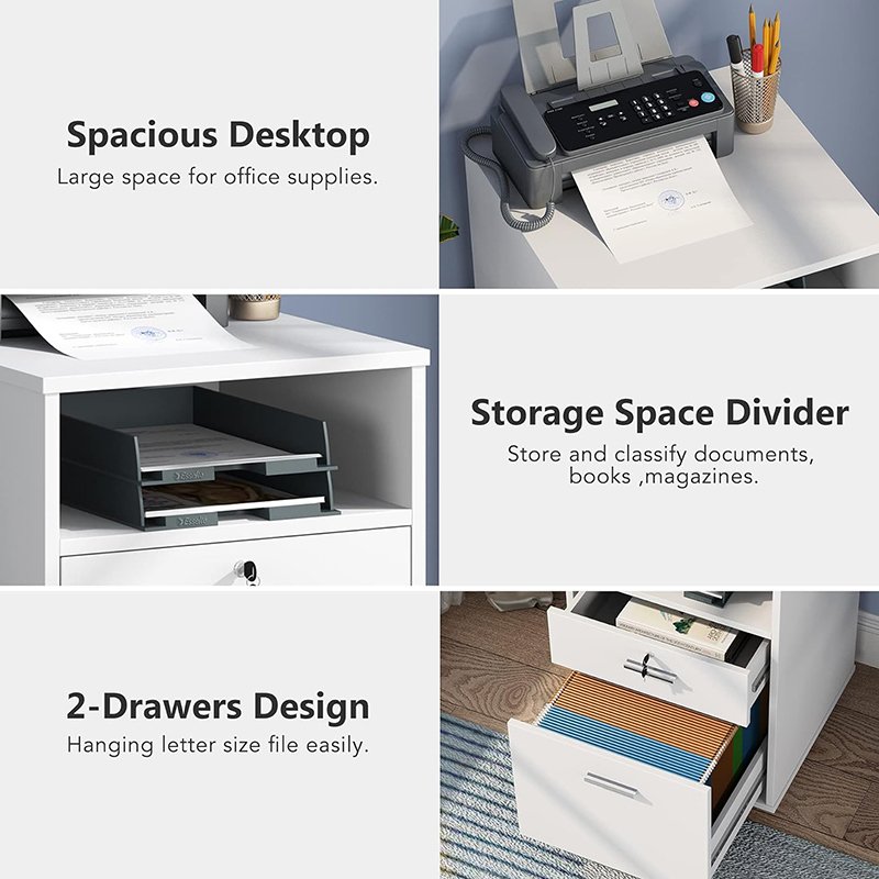 2 Drawer Mobile File Cabinet with Lock Wood Modern Filing Cabinet for Letter Size Printer Stand with Rolling Wheels and Open Storage Shelf for Home Office-5