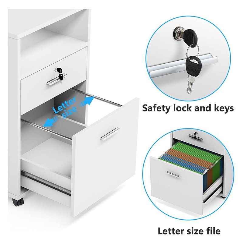 2 Drawer Mobile File Cabinet with Lock Wood Modern Filing Cabinet for Letter Size Printer Stand with Rolling Wheels and Open Storage Shelf for Home Office-6