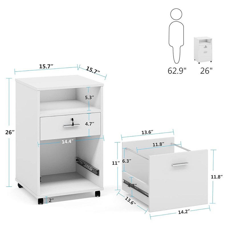 2 Drawer Mobile File Cabinet with Lock Wood Modern Filing Cabinet for Letter Size Printer Stand with Rolling Wheels and Open Storage Shelf for Home Office-7