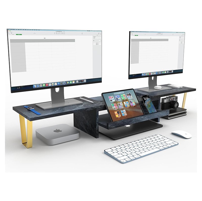 Dual Monitor Stand Riser With Drawer Solid Wood Desk Shelf With Adjustable Length And Angle-3
