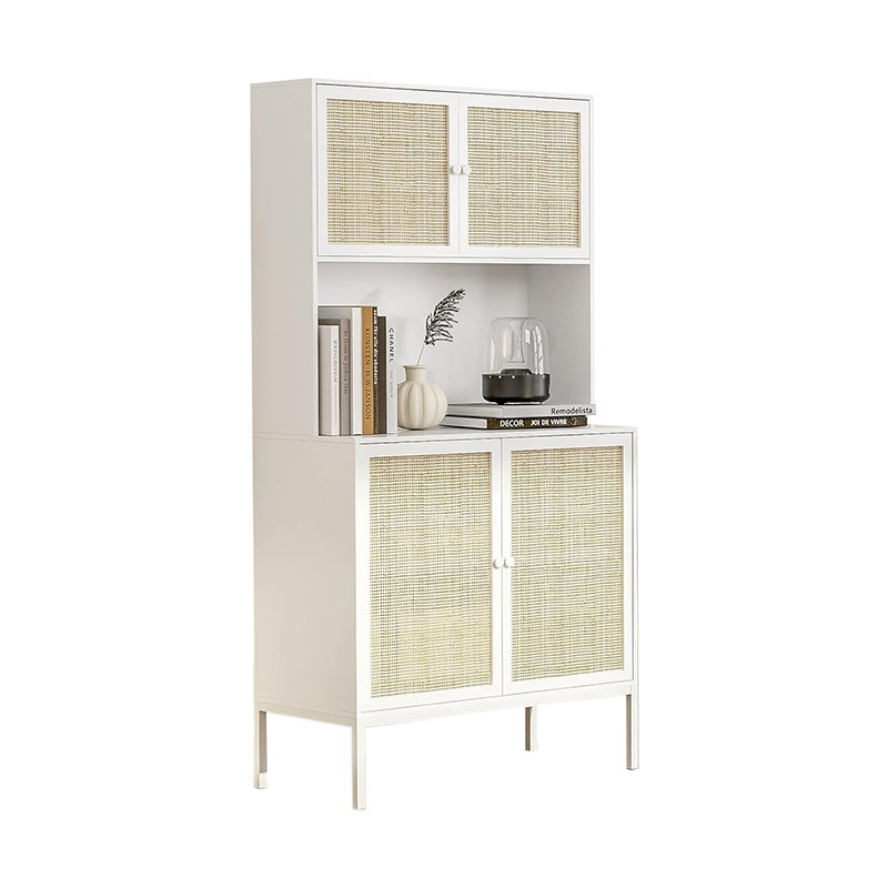 Kitchen Pantry Rattan Storage Cabinet with Outlet and USB Ports Kitchen Sideboard Buffet Cabinet with Handmade Rattan Doors-5