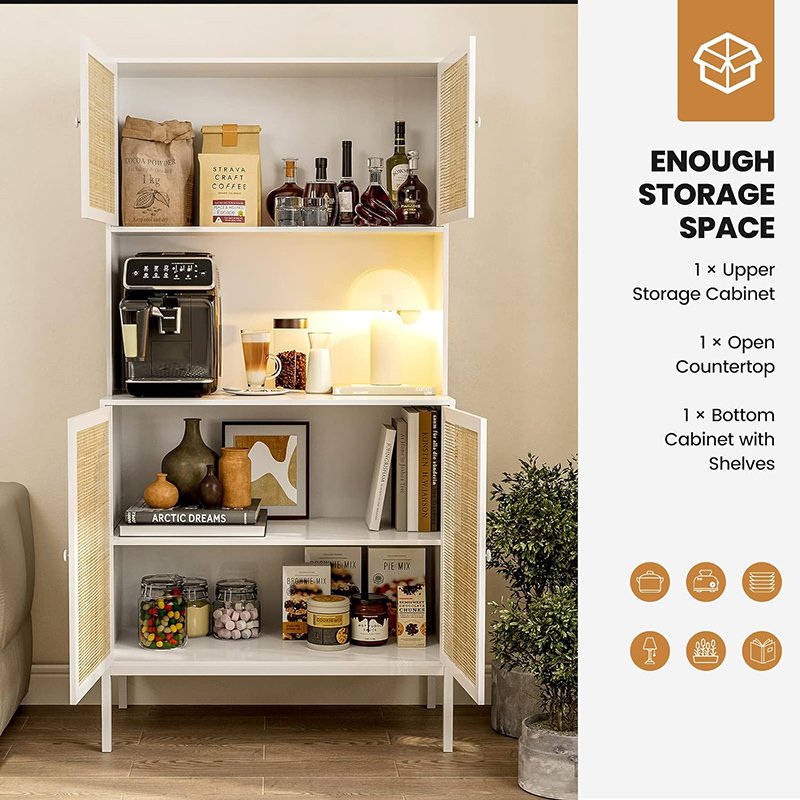 Kitchen Pantry Rattan Storage Cabinet with Outlet and USB Ports Kitchen Sideboard Buffet Cabinet with Handmade Rattan Doors-7