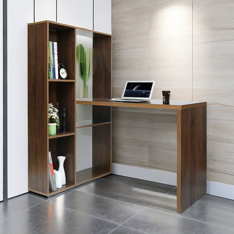 L Shaped Desk with Storage Bookshelf Wooden Reversible Corner Computer Desk with 6 Tier Shelves