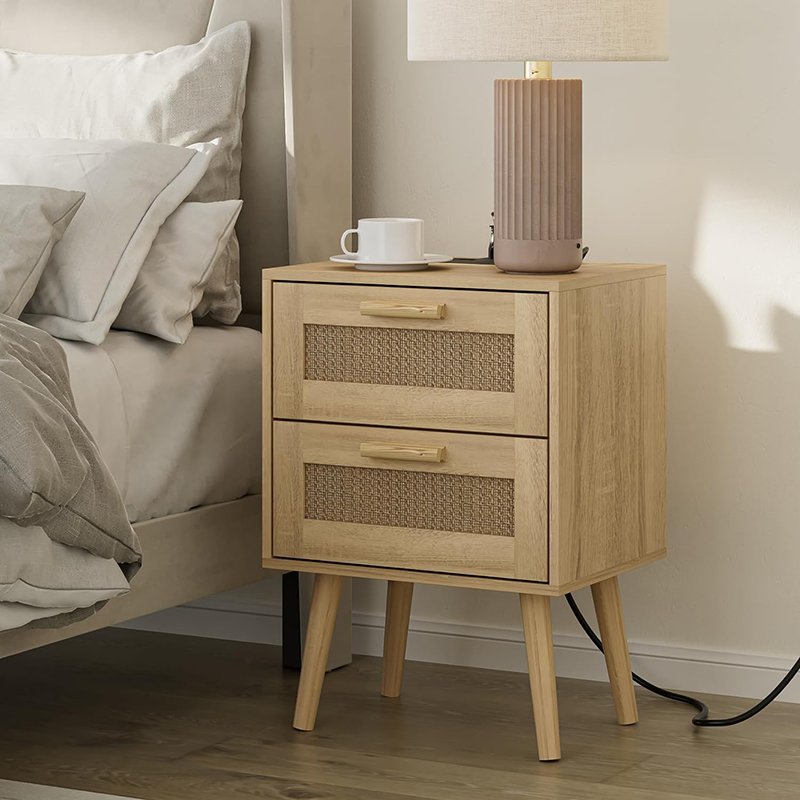NightStand with Charging Station Rattan Night Stand with PE Rattan Decor Drawer-3