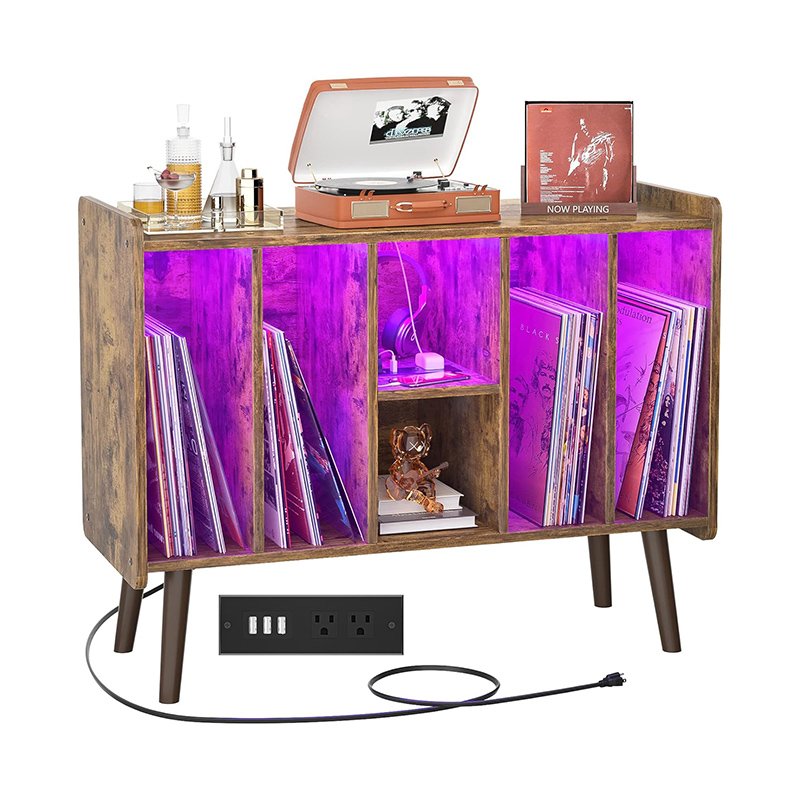 Record Player Stand with Vinyl Storage and LED Light Vinyl Record Storage Cabinet with Power Outlet-4