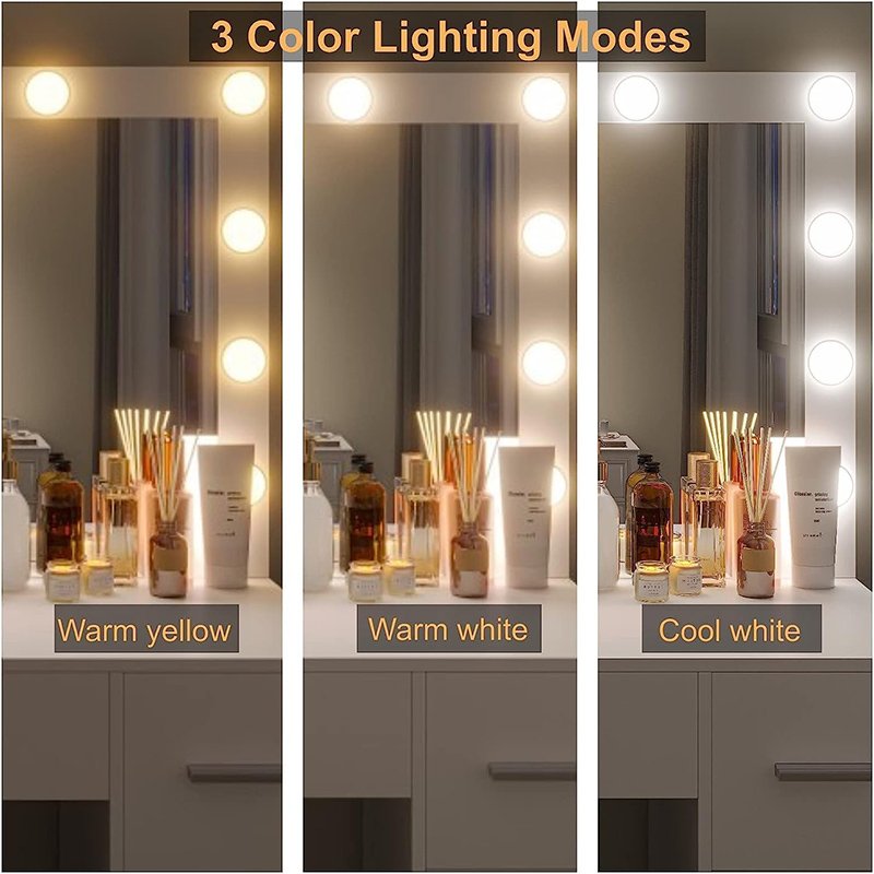 Vanity Desk with Stool Makeup Table with Lighted Mirror 3 Color Lighting Modes-3