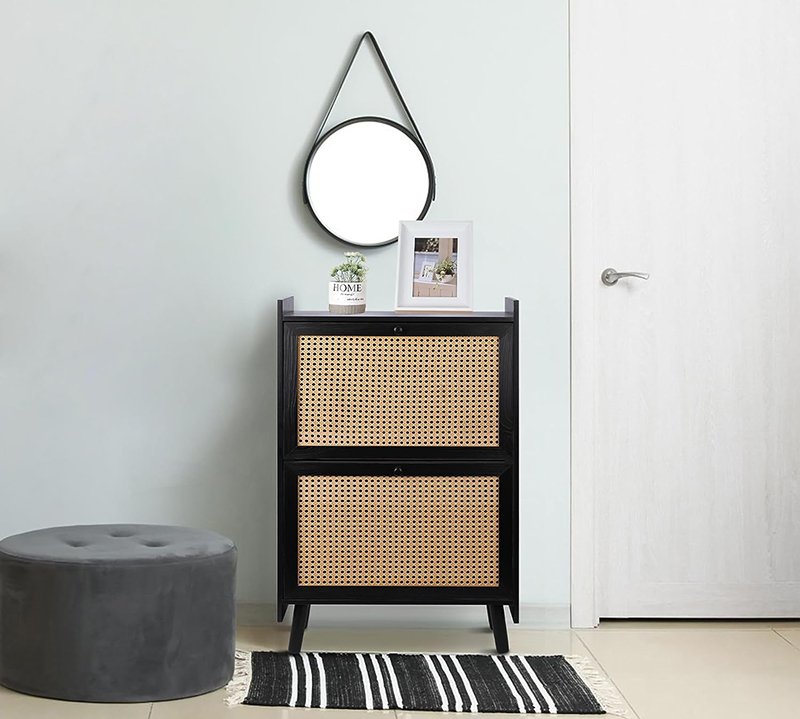 Wood With Rattan Tipping Bucket Shoe Rack Cabinet-2