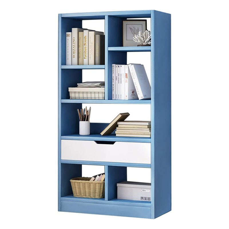 Wooden Open Shelf Bookcase - 51 Height Freestanding Display Storage Cabinet Organizer with 7 Cubes and a Drawer - Floor Standing Bookshelf-4