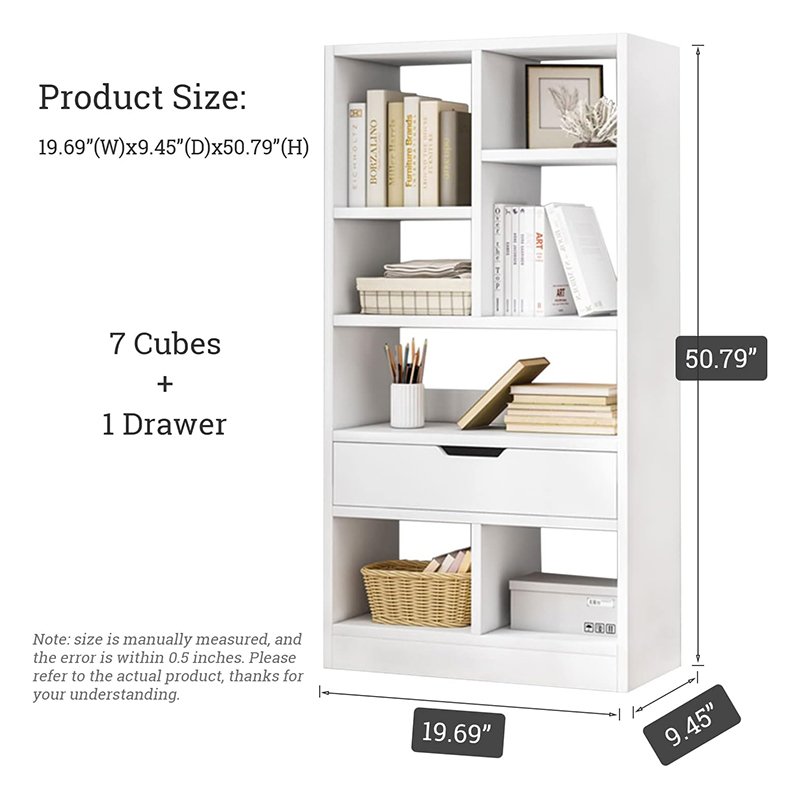 Wooden Open Shelf Bookcase - 51 Height Freestanding Display Storage Cabinet Organizer with 7 Cubes and a Drawer - Floor Standing Bookshelf-8