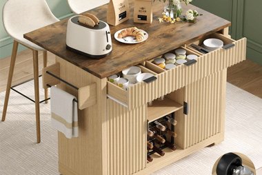 Portable carts and storage cabinets to optimize kitchen space, ideal for extra storage or flexible serving needs.