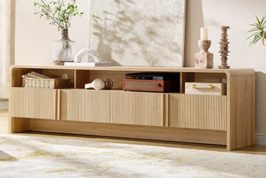 Modern TV stands built for flat screens, with practical storage to organize media devices and keep cables out of sight for a clean setup.