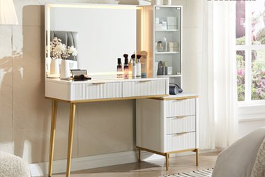Practical dressing tables with storage options, keeping personal care items organized in bedrooms or dressing areas