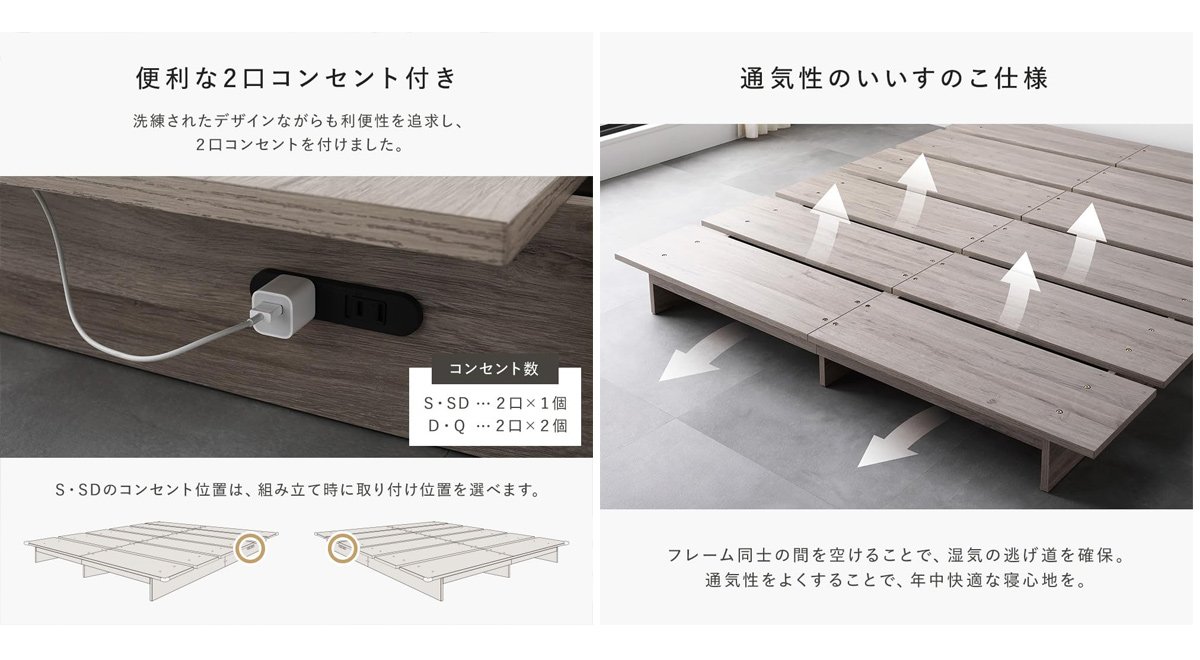 ベッド セミダブル ステージタイプ フレームのみ グレージュ ロータイプ コンセント付き