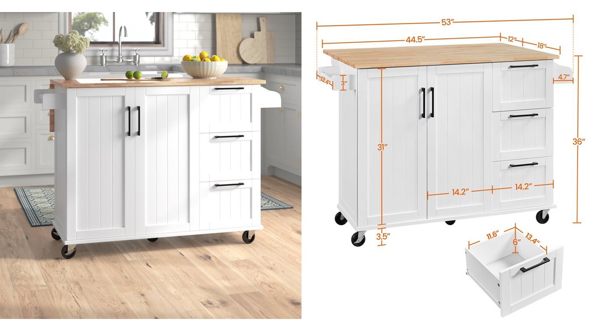 49'' Wide Rolling Kitchen Cart with Solid Wood Top
