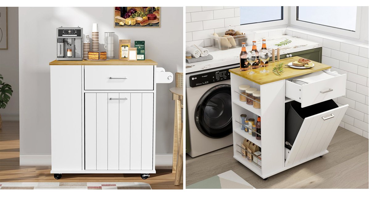 Rolling Kitchen Island with Pull-Out Trash Bin Cabinet