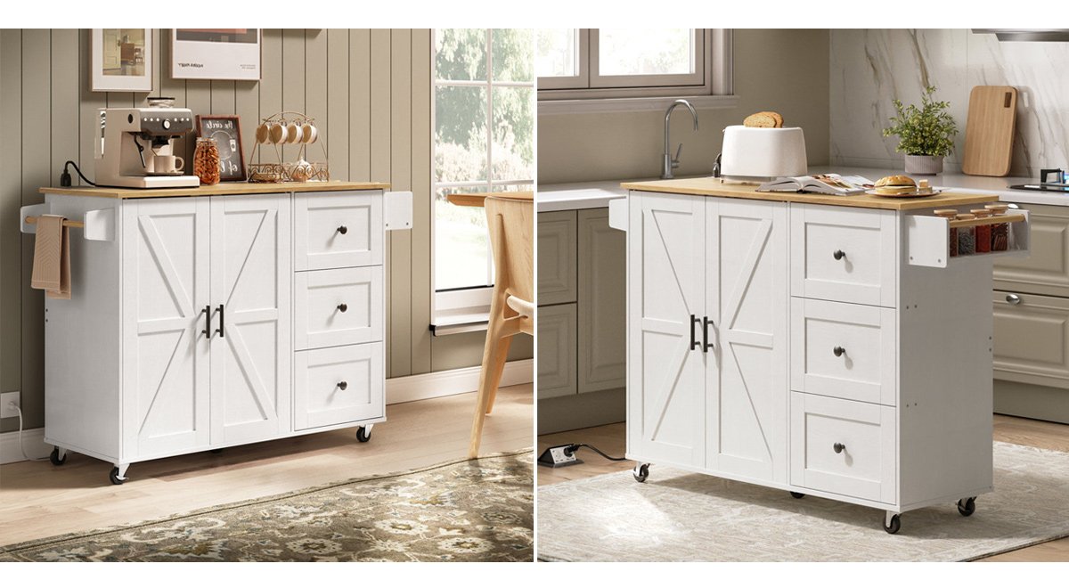 Rolling Kitchen Island with Storage and Power Outlet