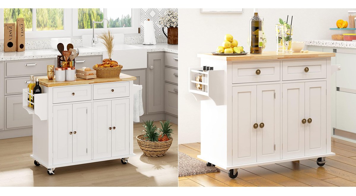 Sturdy&Stable : Kitchen Island Cart is made of high quality MDF material, rubber wood table top, beautiful. Not easy to stain, easy to clean, it has the advantages of durability and environmental protection, and has a longer service life, providing you with long-term service. Easy Mobility : The mobile kitchen island is equipped with 4 heavy duty casters and the 360° super smooth swivel wheels allow you to move easily without making any noise. Provides easy mobility. It can be moved anywhere you need it and 2 locking casters keep it in place when you don't want it to move. Large Storage Space : The kitchen cart features a large worktop, 2 drawers and 2 cabinets with slides for easy access and temporary storage for abundant ingredients and kitchenware. With the uniquely designed side bottle holder and side removable towel rack, it is convenient to store small jars and bottles, and put towels. The towel rack can be used as a trolley to move the kitchen cart, which is convenient and quick.