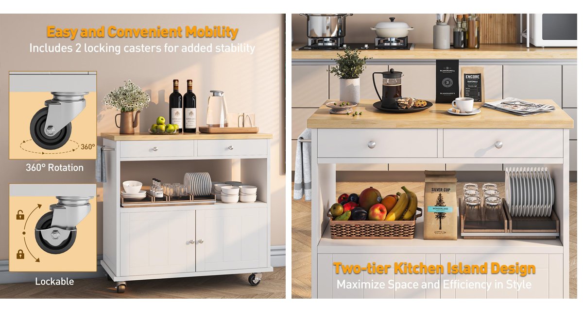 Rolling Kitchen Island Cart with Drop Leaf and 2 Drawers