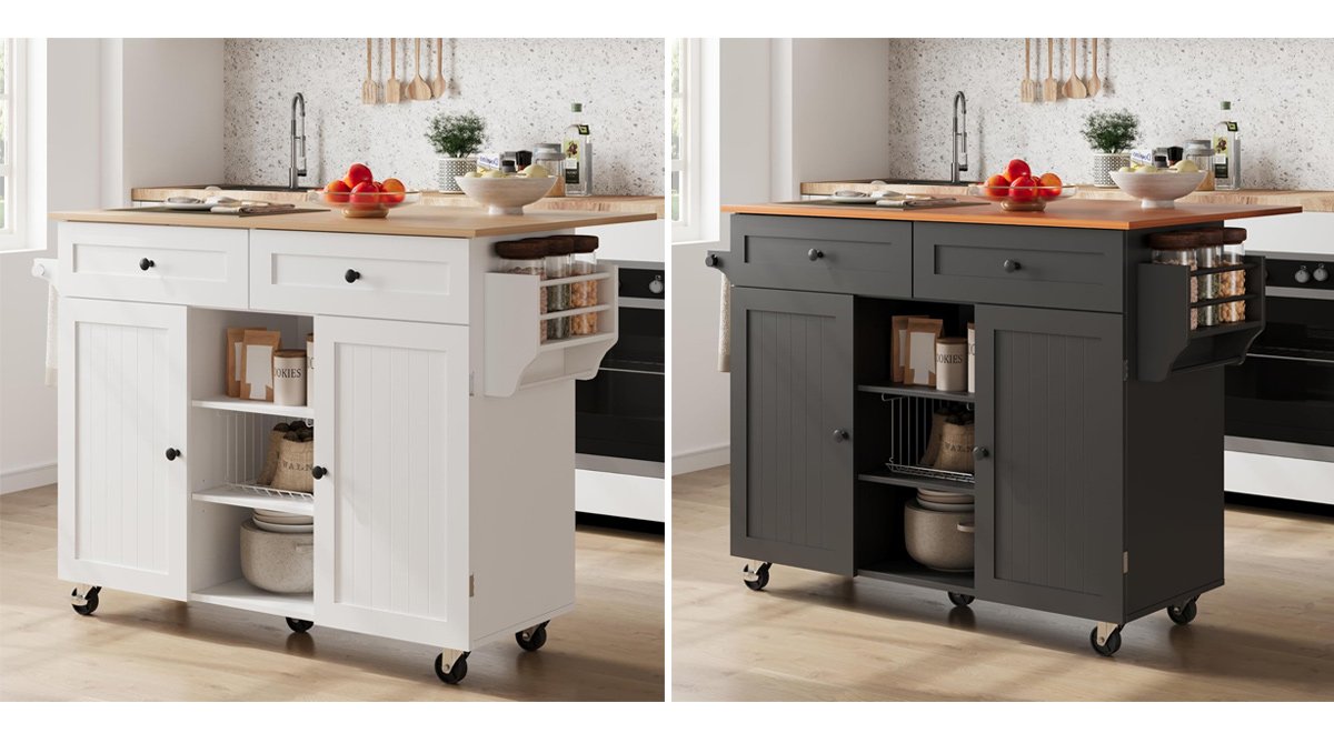 Mobile Kitchen Table Storage Cabinet with Tower Rack and Spice Rack