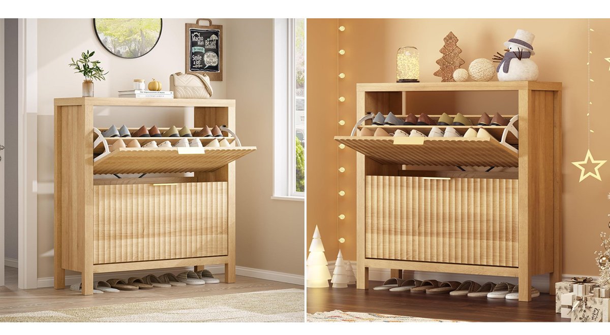 Fluted Shoe Cabinet with 2 Flip Drawers