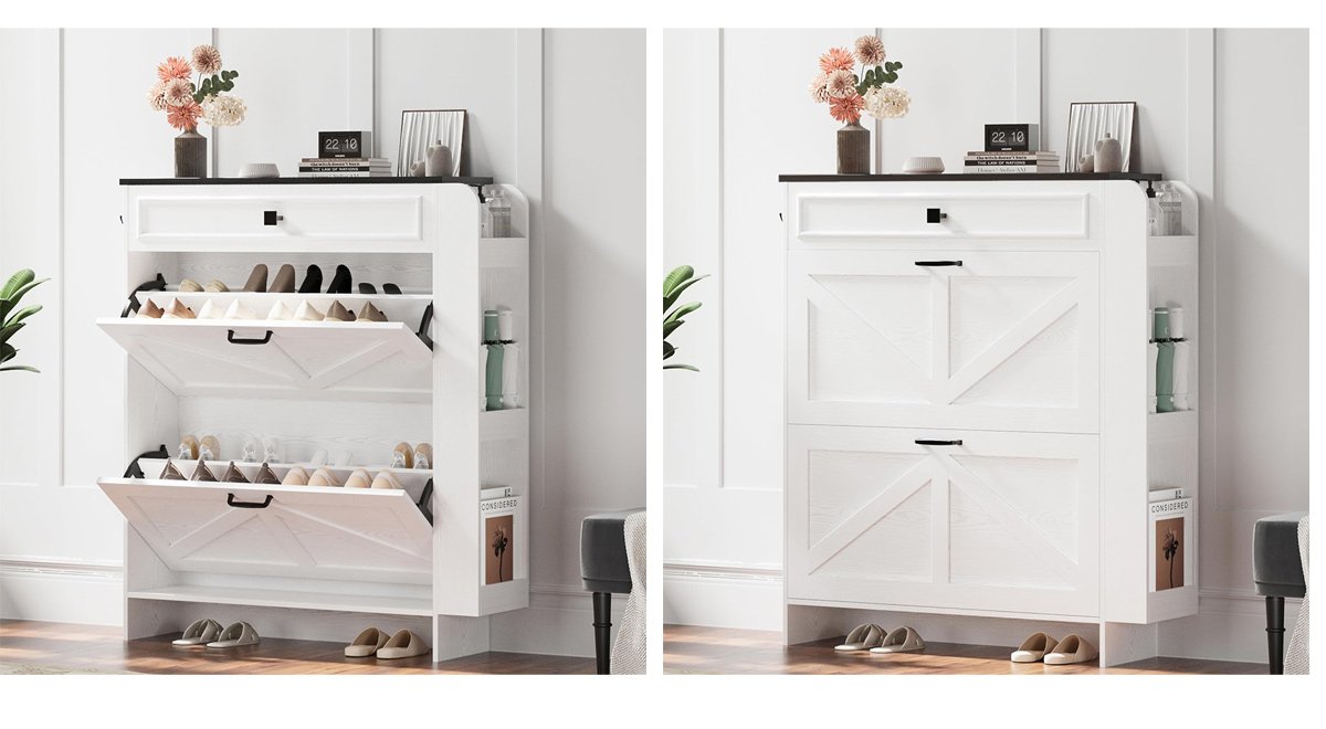 Shoe Storage Cabinet with 2 Flip Drawers & Barn Door Design