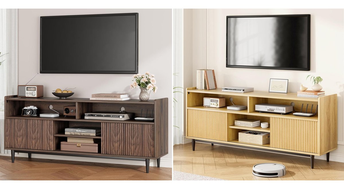 Fluted TV Stand with Sliding Doors