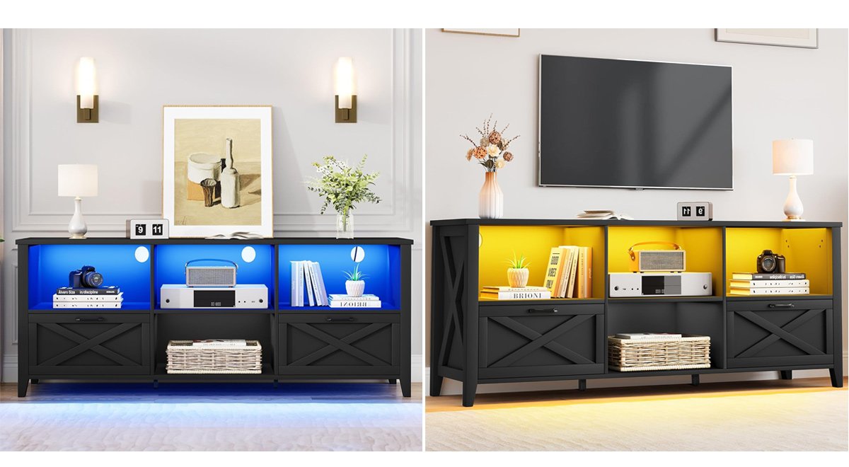 Farmhouse TV stand: It boasts a sleek finish and modern lines that bring an elegant touch to a variety of home decor styles. Its classic minimalist design, paired with sophisticated LED lighting, adds depth and sophistication to your living space, creating a timeless and stylish ambiance. 70 Inch TV Cabinet: With its sturdy design and load-bearing capacity, this farmhouse-style TV cabinet can accommodate TVs up to 80 inches; feel free to place your TV on a tabletop or mount it on the wall, this TV cabinet will enhance the overall aesthetics. Featuring an LED Light Strip: Our TV stand for the living room adds a touch of style and sophistication to your home decor. With three cable holes for organized cable management, you can easily maintain a neat and tidy setup while enjoying the trendy ambiance created by the LED lighting. Ample Storage Space: It is offered by the entertainment center, with 4 open compartments for media devices, 2 drawers to safeguard important items such as movie collections, and a middle adjustable partition that allows for flexible organization of the space.