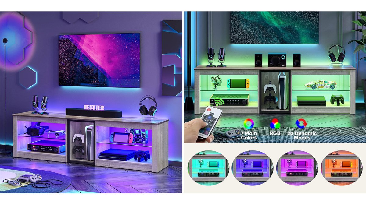 LED TV Cabinet with Glass Shelves for Living Room