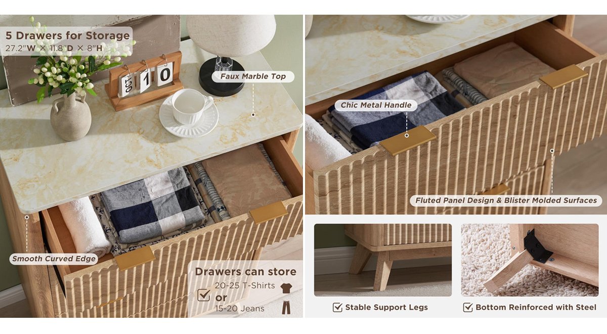 Fluted Design 5-Drawers Dresser Organizer
