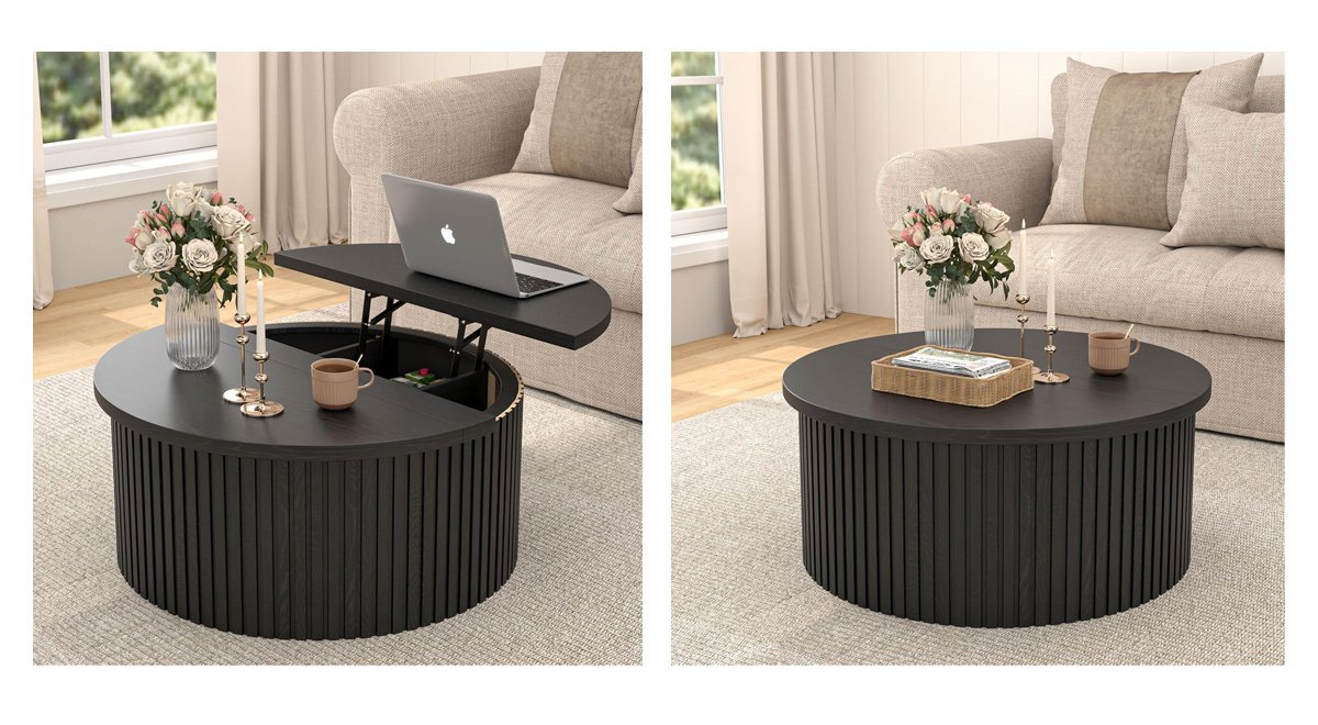 Round Fluted Lift Top Coffee Table with Storage
