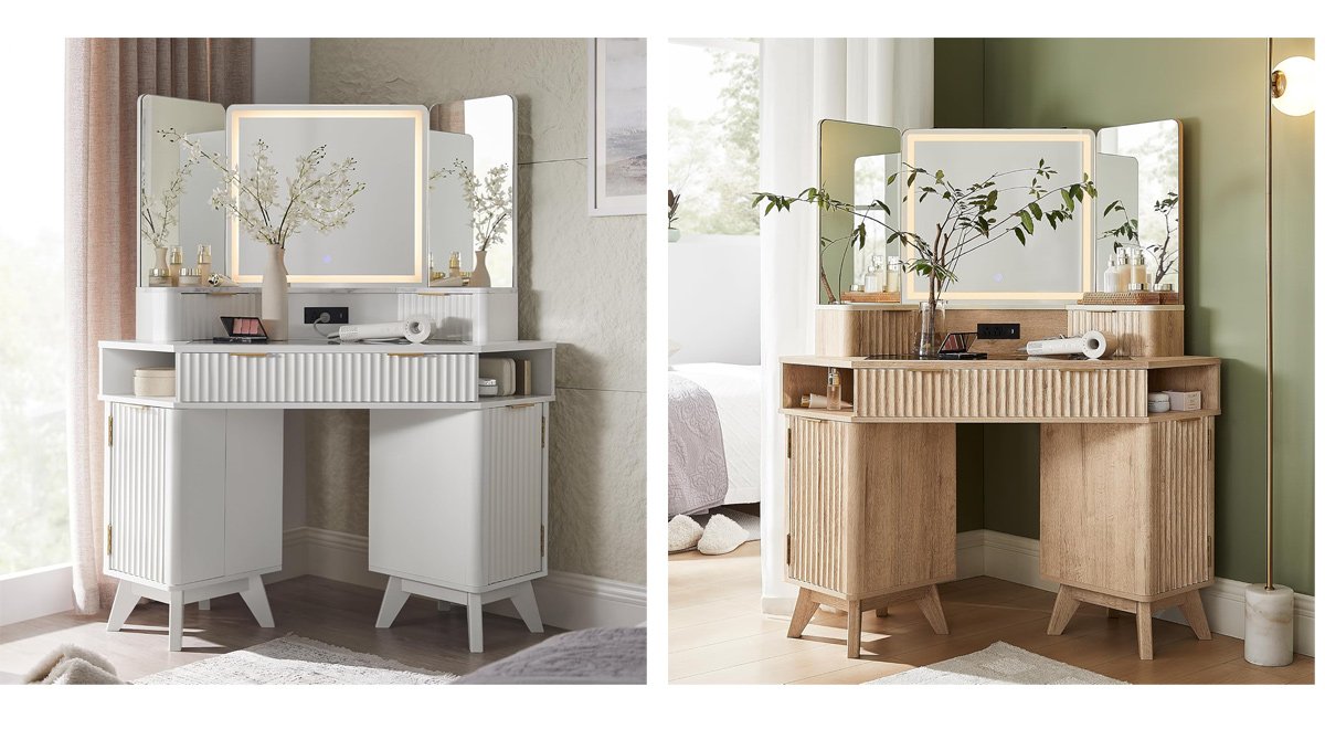 Fluted Makeup Vanity Desk with 3 Way Mirror and Lights