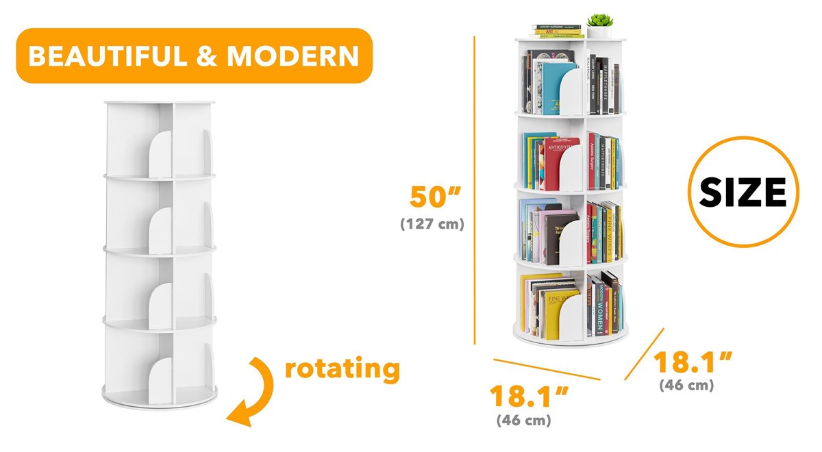 4 Tier Rotating Bookshelf Tower, Spinning Bookcase , Revolving 360 Book Shelf Storage