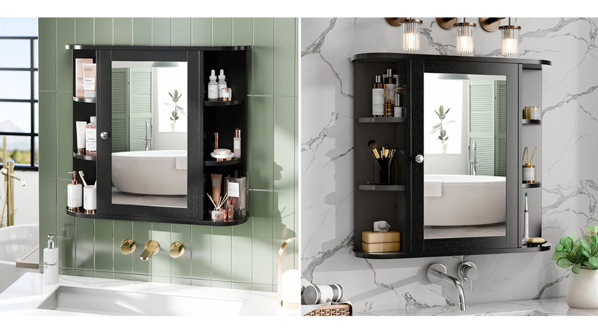 Bathroom Mirror Cabinet Wall Mounted with 6 Side Open Shelves