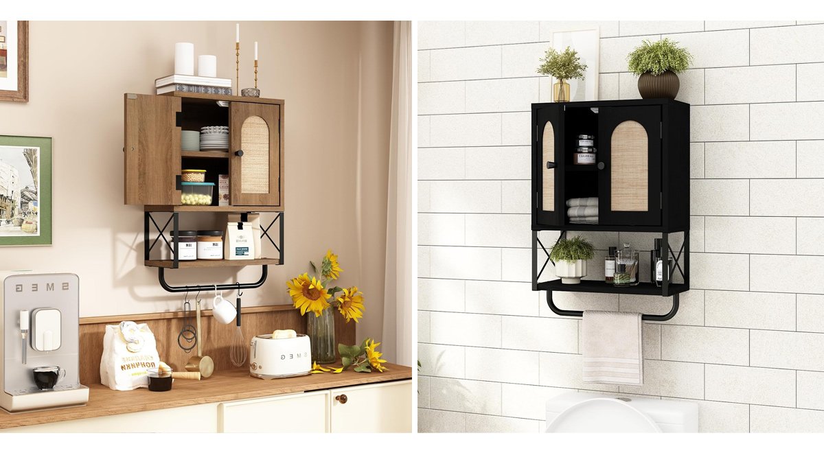 Rattan Bathroom Wall Cabinet, Boho Over The Toilet Storage Cabinet with Arched Rattan Doors
