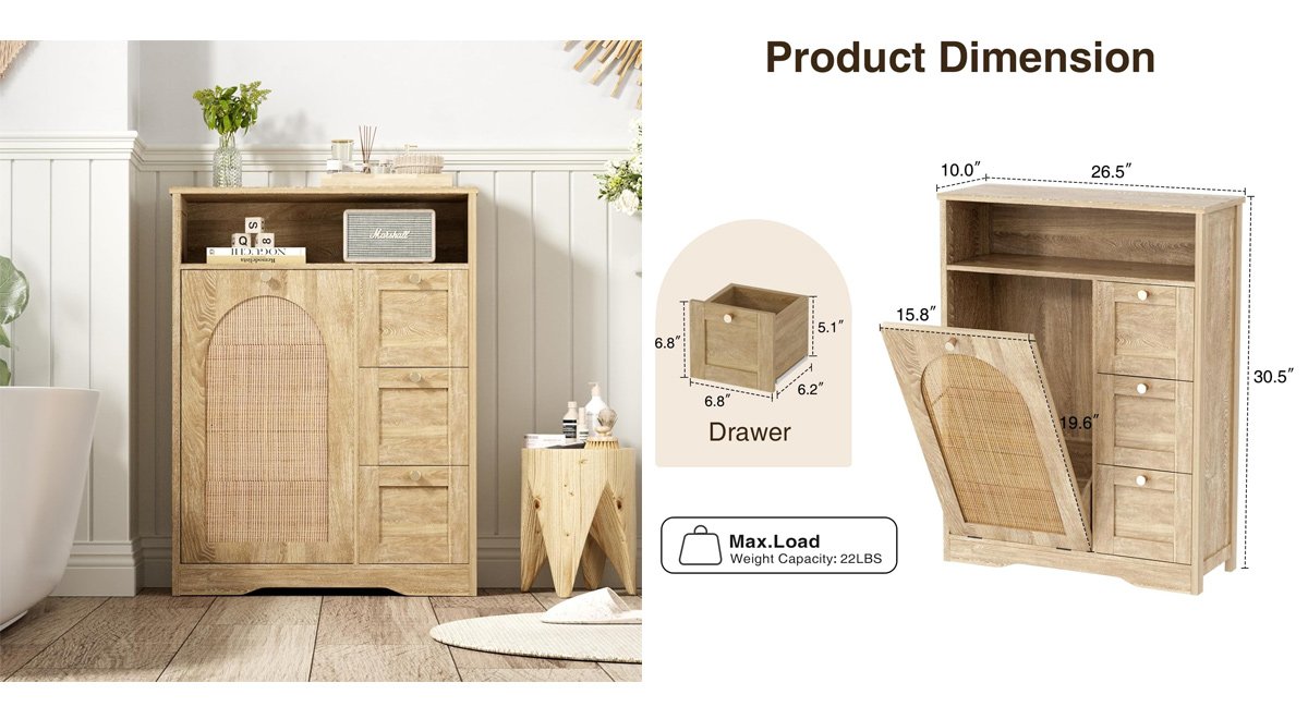 Natural Rattan Storage Cabinet with 3 Drawers, Tilt Out Trash Can Cabinet