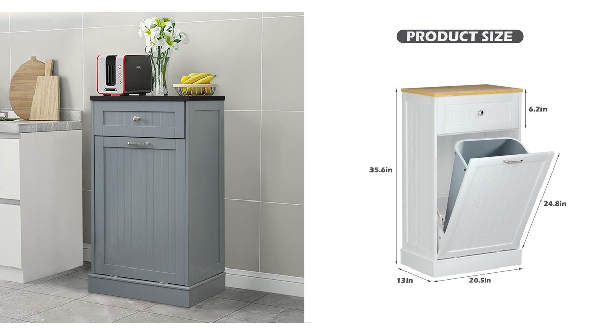 【Sturdy Construction】— High quality MDF wood sheet and stainless steel make up this Trash Cabinet. The reinforced frame and carefully selected wood panels make it long-lasting. Overall dimensions of cabinet: 20.5''W x 13"D x 35.6"H 【Updated design】— The cabinet door buckles are upgraded from 2 to 4, effectively increasing the stability of the cabinet door. We suggest two 10 gallon trash cans for this tilt out trash bin. 【Versatile storage】— can be used as a kitchen island. The countertop can place a coffee machine, microwave, etc. Also can be used as laundry bin, recycling bin, trash can etc.