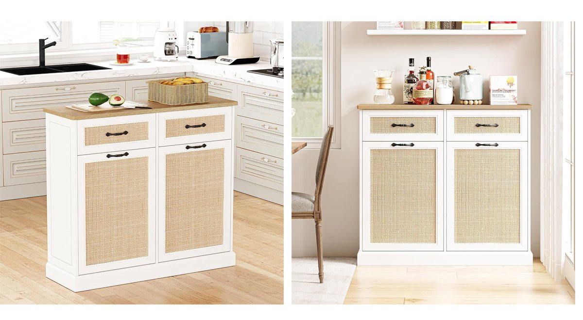 Double Trash Can Cabinet with Natural Rattan