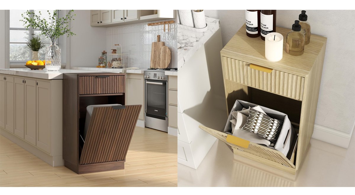 Tilt-Out Trash Cabinet with 10-Gallon Capacity, Walnut Laundry Hamper Cabinet