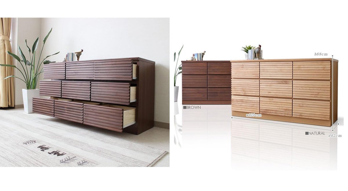 リビングチェスト 幅120cm 3段 ナチュラル タンス 引出し収納