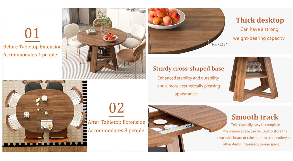 Extendable Round Dining Table for 4-8