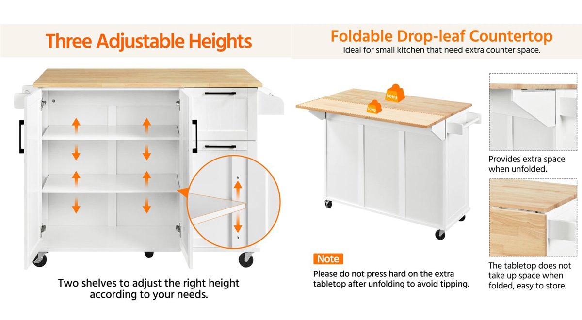 49'' Wide Rolling Kitchen Cart with Solid Wood Top