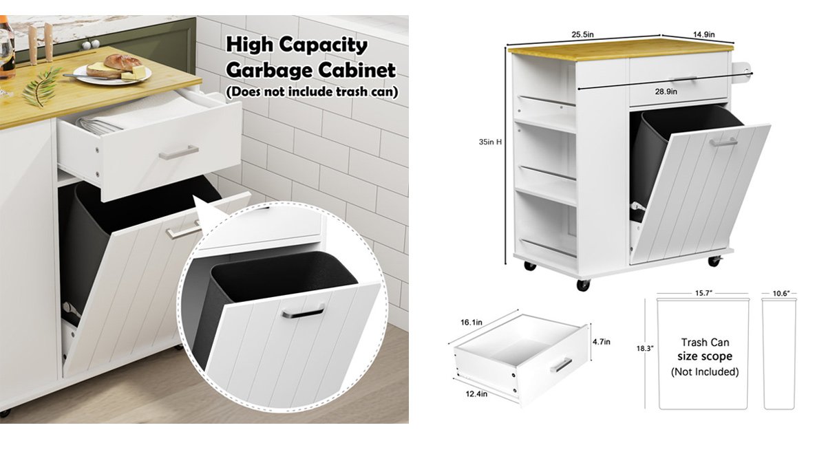 Rolling Kitchen Island with Pull-Out Trash Bin Cabinet