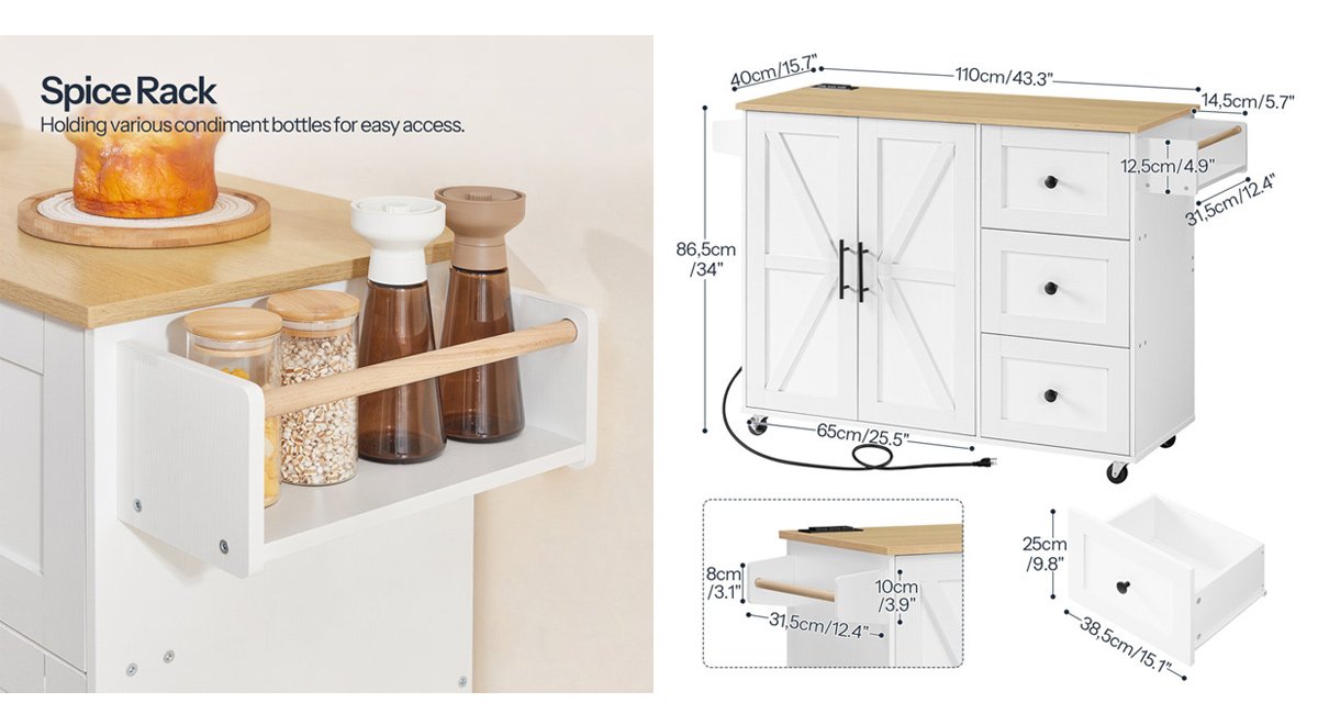 Rolling Kitchen Island with Storage and Power Outlet