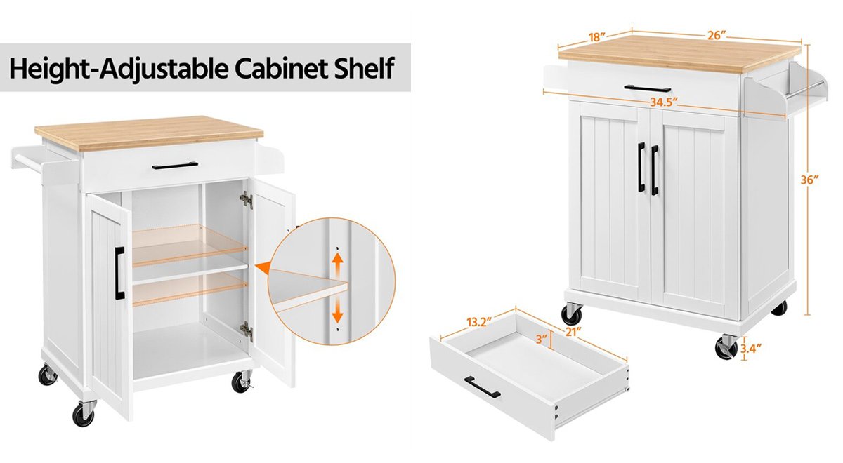 Rolling Kitchen Island with Solid Wood Top
