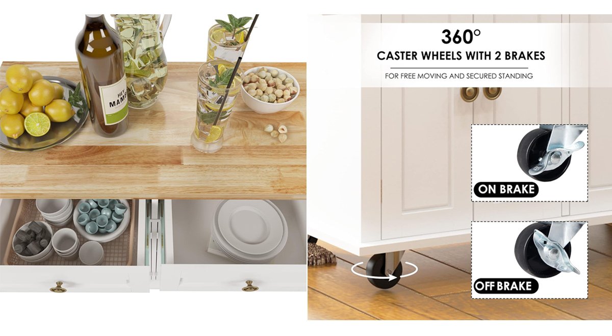 Sturdy&Stable : Kitchen Island Cart is made of high quality MDF material, rubber wood table top, beautiful. Not easy to stain, easy to clean, it has the advantages of durability and environmental protection, and has a longer service life, providing you with long-term service. Easy Mobility : The mobile kitchen island is equipped with 4 heavy duty casters and the 360° super smooth swivel wheels allow you to move easily without making any noise. Provides easy mobility. It can be moved anywhere you need it and 2 locking casters keep it in place when you don't want it to move. Large Storage Space : The kitchen cart features a large worktop, 2 drawers and 2 cabinets with slides for easy access and temporary storage for abundant ingredients and kitchenware. With the uniquely designed side bottle holder and side removable towel rack, it is convenient to store small jars and bottles, and put towels. The towel rack can be used as a trolley to move the kitchen cart, which is convenient and quick.
