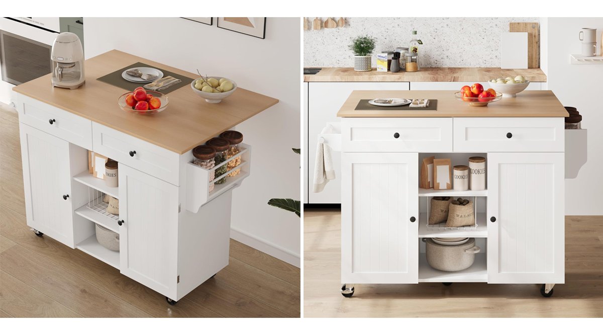 Mobile Kitchen Table Storage Cabinet with Tower Rack and Spice Rack