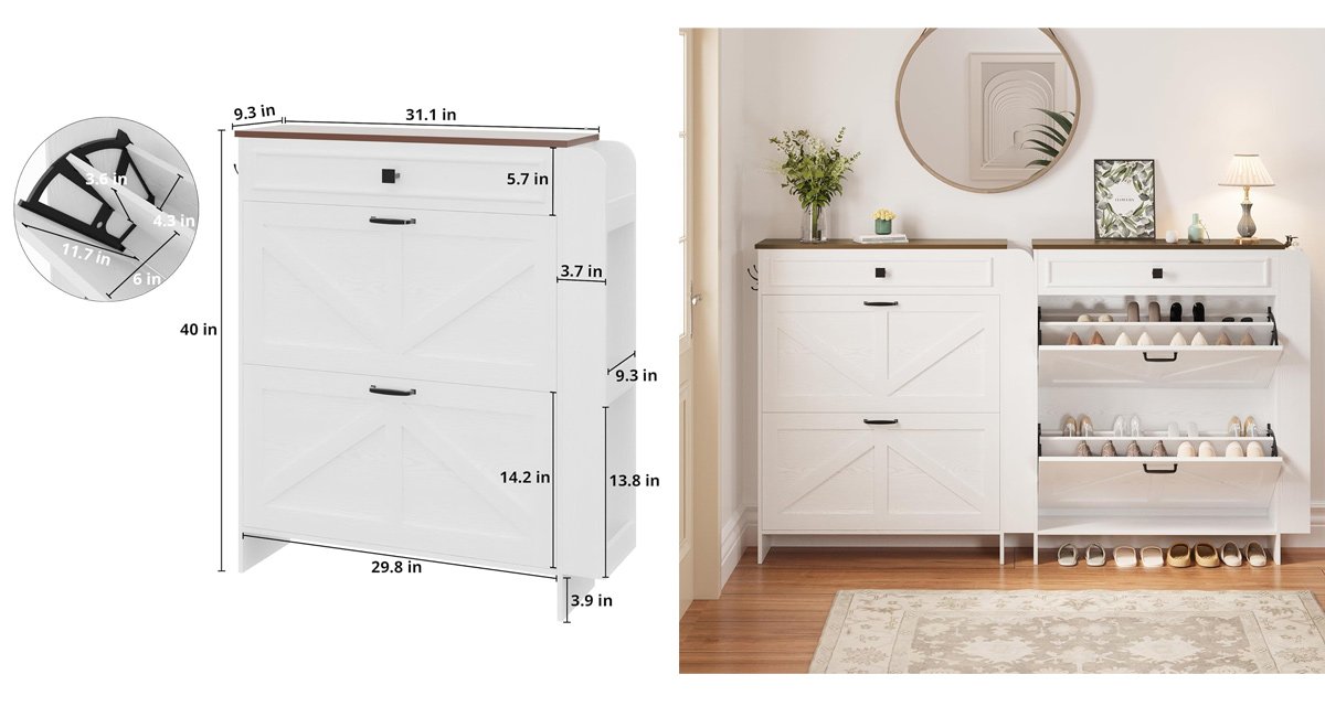 Shoe Storage Cabinet with 2 Flip Drawers & Barn Door Design