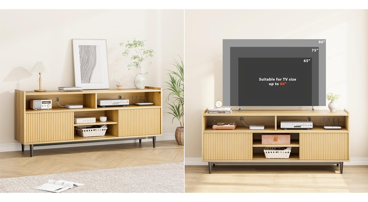 Fluted TV Stand with Sliding Doors