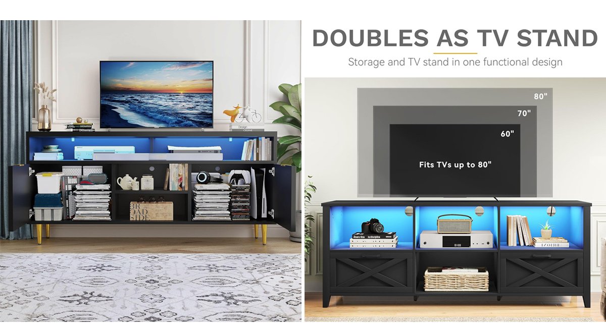 Farmhouse TV stand: It boasts a sleek finish and modern lines that bring an elegant touch to a variety of home decor styles. Its classic minimalist design, paired with sophisticated LED lighting, adds depth and sophistication to your living space, creating a timeless and stylish ambiance. 70 Inch TV Cabinet: With its sturdy design and load-bearing capacity, this farmhouse-style TV cabinet can accommodate TVs up to 80 inches; feel free to place your TV on a tabletop or mount it on the wall, this TV cabinet will enhance the overall aesthetics. Featuring an LED Light Strip: Our TV stand for the living room adds a touch of style and sophistication to your home decor. With three cable holes for organized cable management, you can easily maintain a neat and tidy setup while enjoying the trendy ambiance created by the LED lighting. Ample Storage Space: It is offered by the entertainment center, with 4 open compartments for media devices, 2 drawers to safeguard important items such as movie collections, and a middle adjustable partition that allows for flexible organization of the space.